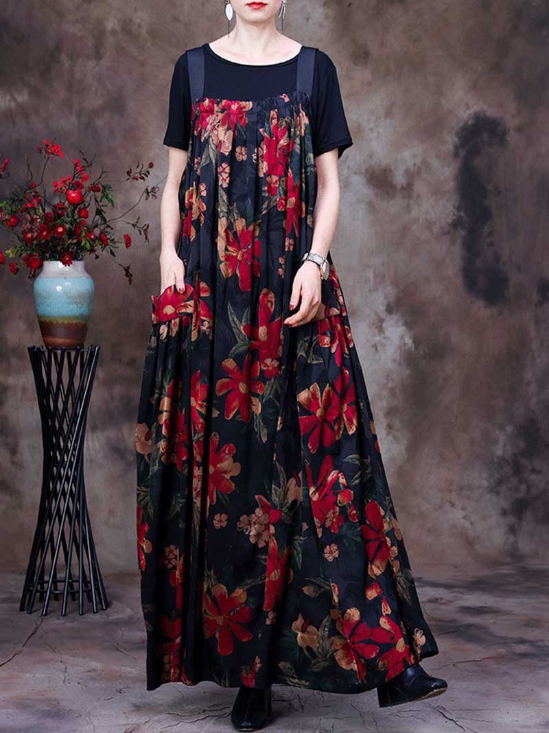 Always Glowing Printed Pleated Pocket Maxi Salopette Dress