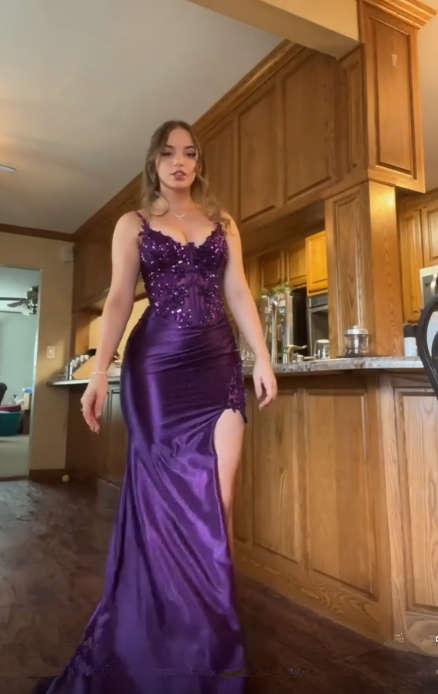 Gorgeous Purple Mermaid Lace Appliques Evening Dress Slit Long Prom Party Dress