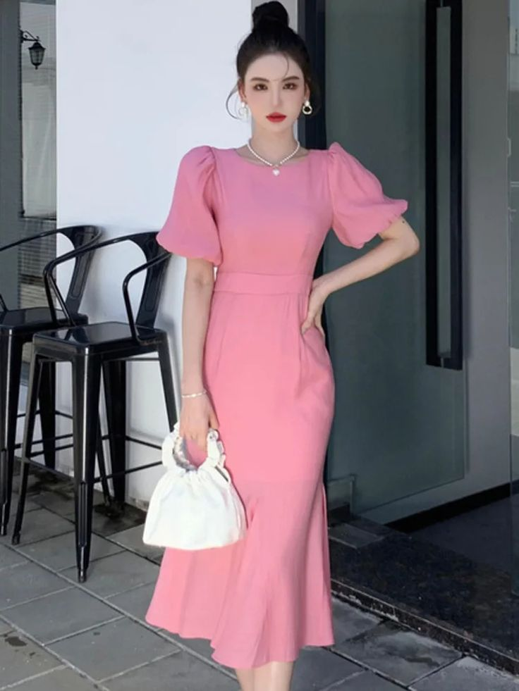 Classy Pink Puff Sleeves Mid-length Prom Dress Pink Evening Dress Y7113 - VelvetHem
