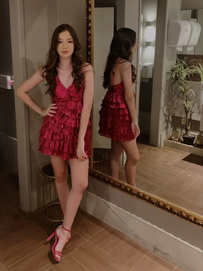 Sexy Red V Neck Spaghetti Straps Layered A Line Graduation Homecoming Dress Short Party Dress - View 2 | VelvetHem
