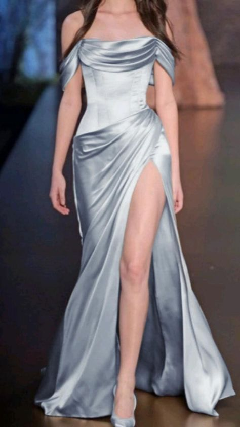 Blue Off The Shoulder Satin Pleated Prom Evening Dress Slit Party Dress - VelvetHem
