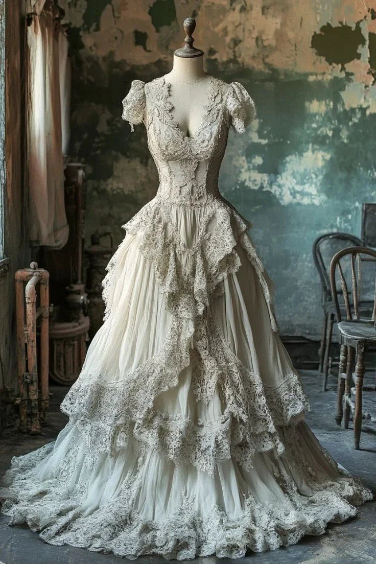 Vintage Ivory Lace Chiffon Ball Gown .Long A Line Wedding Dress Prom Dress (ZD13734) - VelvetHem