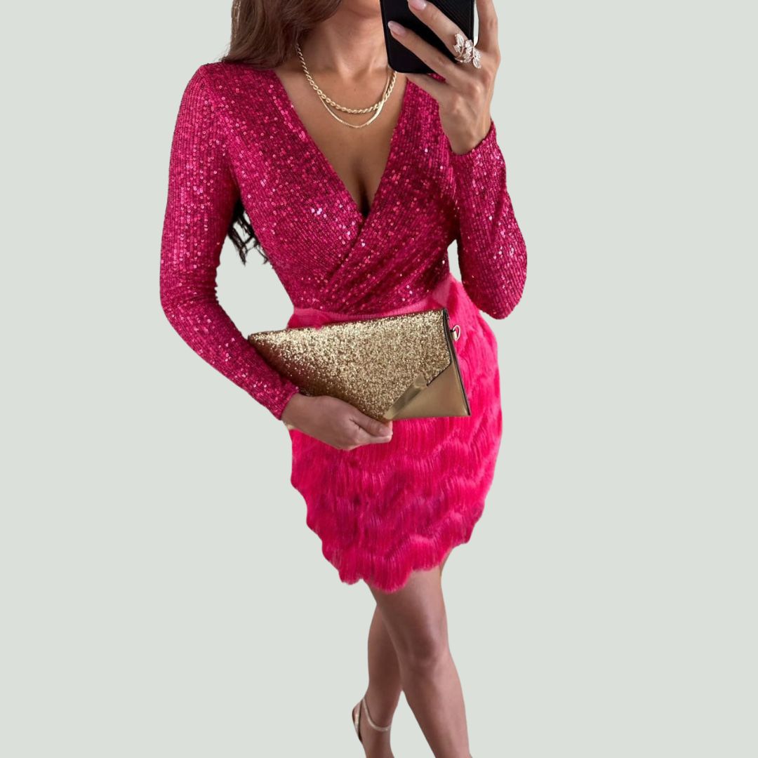 Amalberga Aesthetic Heidi Mode Sequin Dress with V Neck Statement Occasion Edit