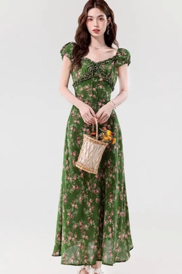 Retro Slim Green V-Neck Floral Dress - View 5 | VelvetHem