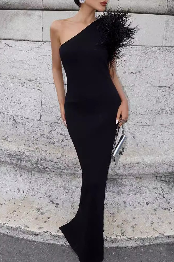 One-Shoulder Feather Trim Party Dress
