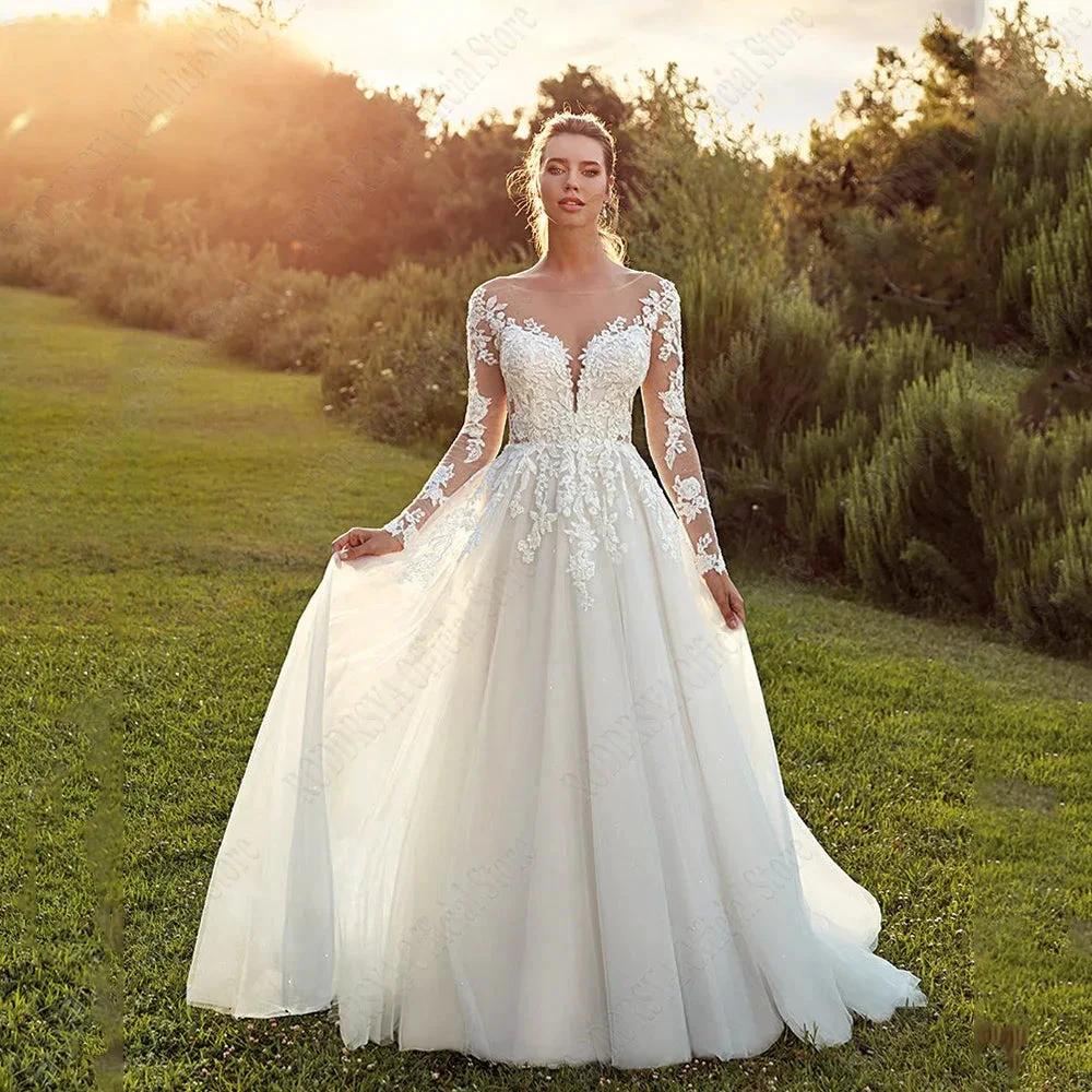 Pastrol Wedding Dresses For Woman Long Sleeves Illusion Back Scoop Bride Gowns Applique A-Line Tulle vestidos de novia (ZD13331) - VelvetHem