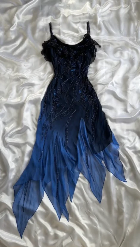 Charmong Navy Blue Chiffon Beaded Long Prom Dress Formal Party Dress - VelvetHem