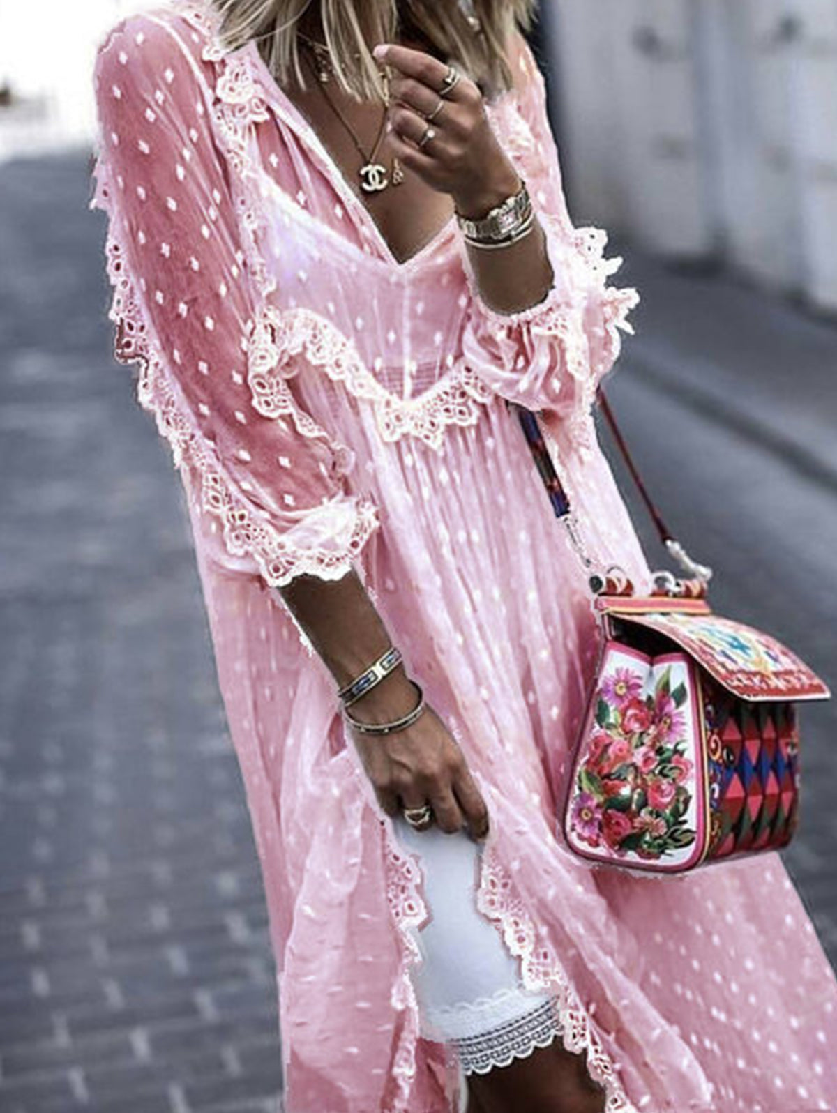 White Jacquard Polka Dot See-through Maxi Dress Long Sleeve - Omychic