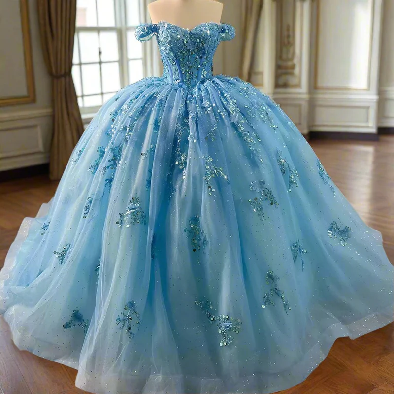 Sparkly Blue Sequins Beaded Ball Gown Luxury Off The Shoulder Sweet 16 Dress Birthday Dress - View 3 | VelvetHem