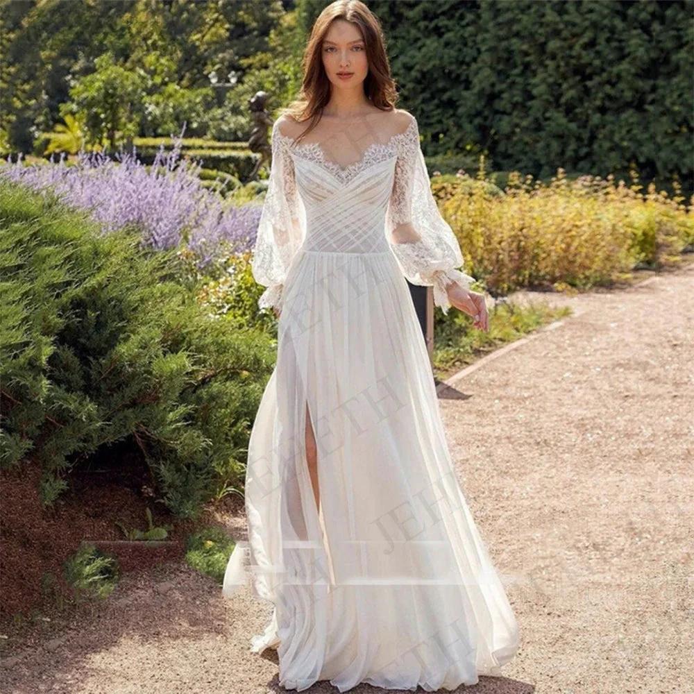 Wedding Dresses Boho Beach Lace Long Sleeves Split Vestidos De Novia Elegant Bohemian Bridal Gown Chiffon Illusion O Neck by payinti