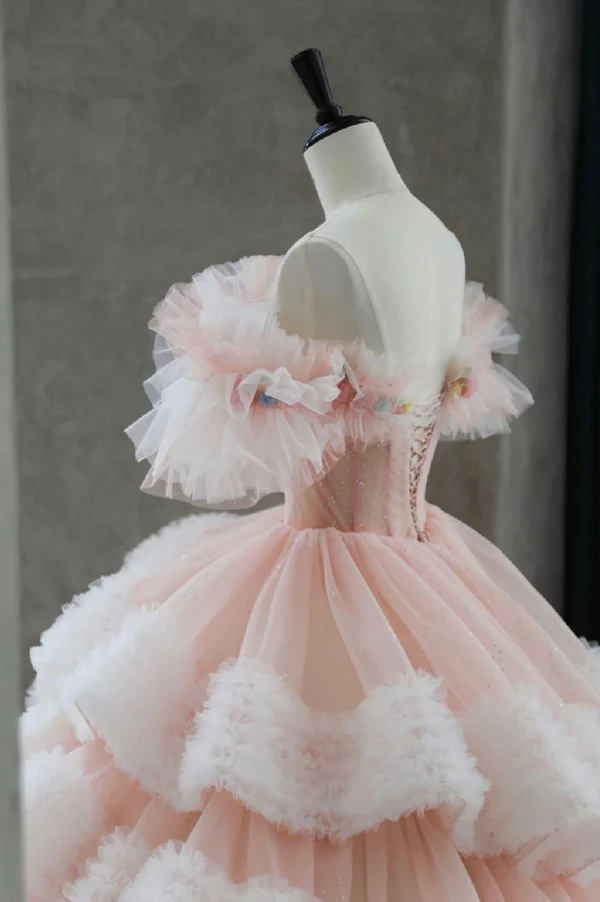 Classy Off The Shoulder Tulle Pleated Tiered Ball Gown Sweet Quinceanera Dress - View 3 | VelvetHem
