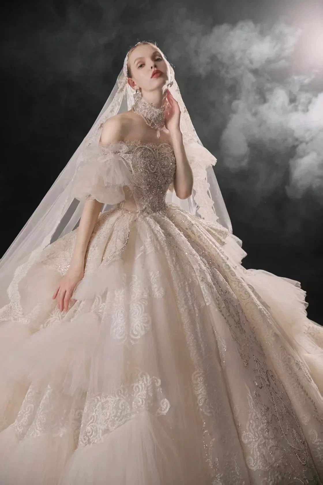 Opulent Off-the-Shoulder Ball Gown Tulle Puff Sleeve Beaded Lace Wedding Dress with Layered Ruffled Train & Choker (ZD16899) - VelvetHem