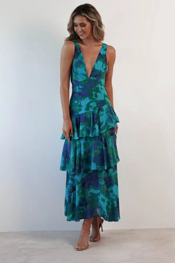 Chiffon Halter Slim Ruffle Maxi Floral Dress