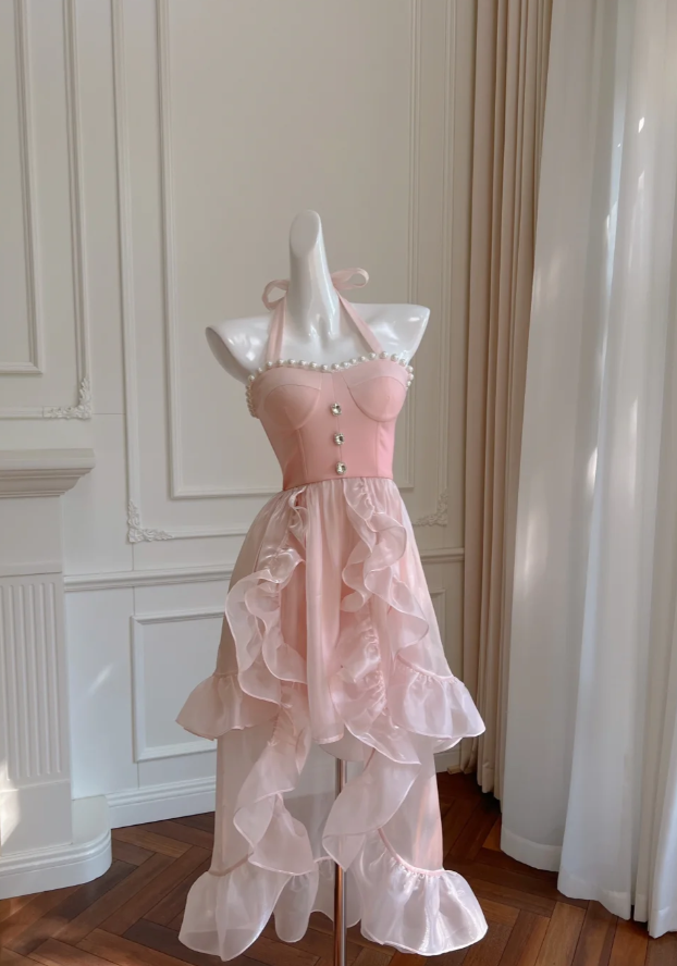 Simple Halter Pink Tulle Pearls Beaded High-Low Ruffles Homecoming Dress Party Dress Y8582 - VelvetHem