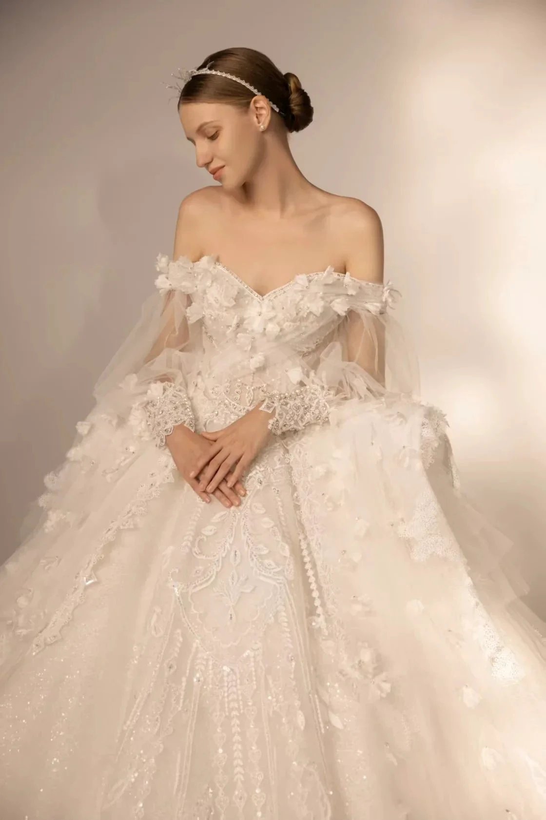 Gorgeous Long Ball Gown Off-the-Shoulder Tulle Wedding Dress with 3D Floral & Crystal Embroidery & Cathedral Train (ZD16910) - VelvetHem
