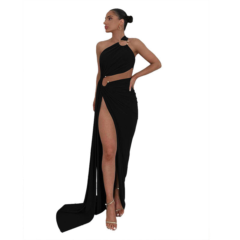 Fall Women Clothing Oblique Shoulder Sexy Cutout Design Evening Dress