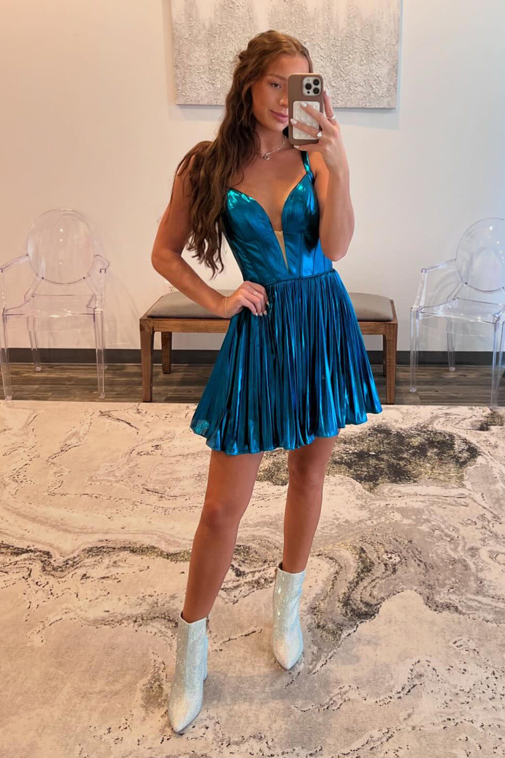 A-Line Blue Homecoming Dresses Spaghetti Straps Metallic Short Cocktail Dresses