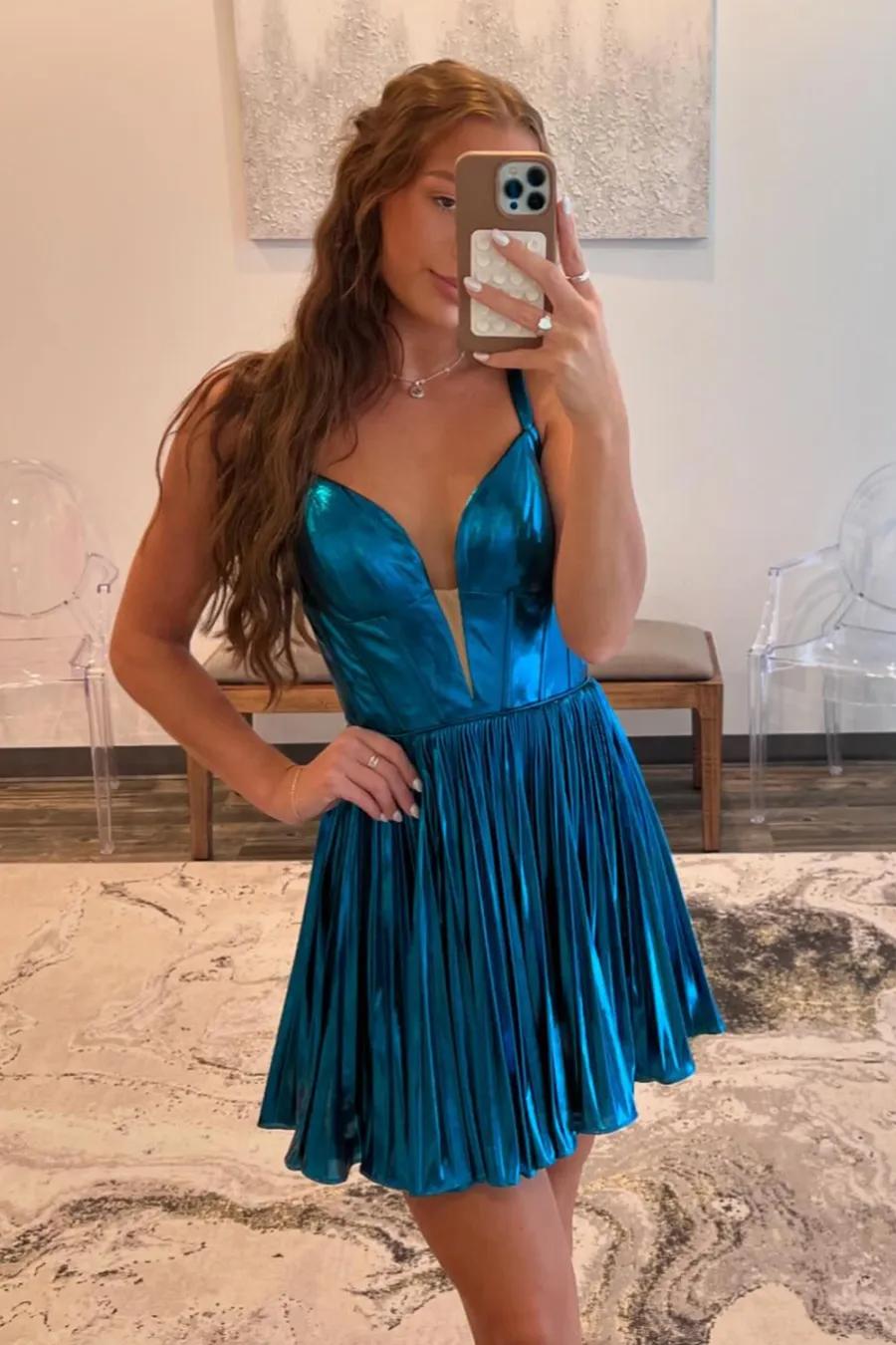 A-Line Blue Homecoming Dresses Spaghetti Straps Metallic Short Cocktail Dresses