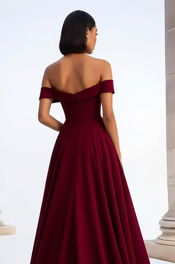 A Line Burgundy Wedding Guest Dress Ruched Tea-Length Formal Dress