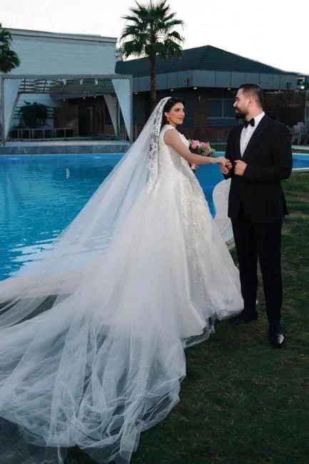 A-Line Charming V-Neck Sleeveless Tulle Floor-Length Wedding Dresses with Appliques (ZD15759)