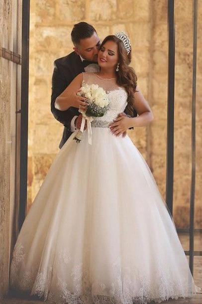 A-Line Crystal Floor Length Bridal Dress Crew Neck Plus Size Lace Wedding Dresses