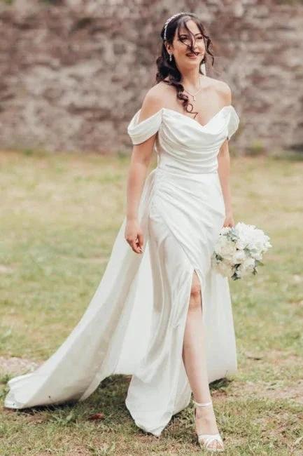 A-Line Elegant V-Neck Off-The Shoulder Split Front Strapless Wedding Dresses with Ruffles (ZD15746)