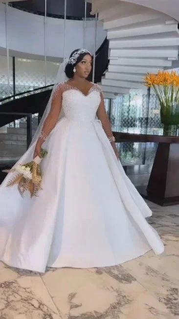 A-Line Exquisite Floor-Length Long Sleeve Lace V-Neck Tulle Wedding Dresses with Beadings (ZD15758) - VelvetHem