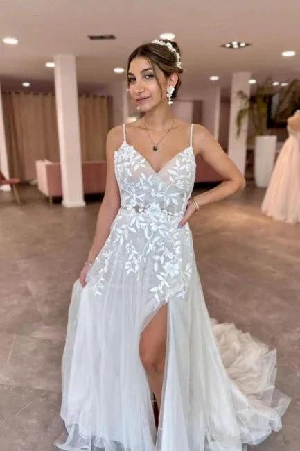 A-Line Floor-Length Sleeveless Spaghetti Straps V-Neck Split Front Wedding Dresses with Appliques (ZD15750) - VelvetHem