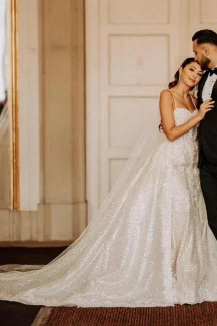 A-Line Floor-Length Stain Tulle Sweetheart Spaghetti Straps Wedding Dresses with Appliques (ZD15734) - VelvetHem