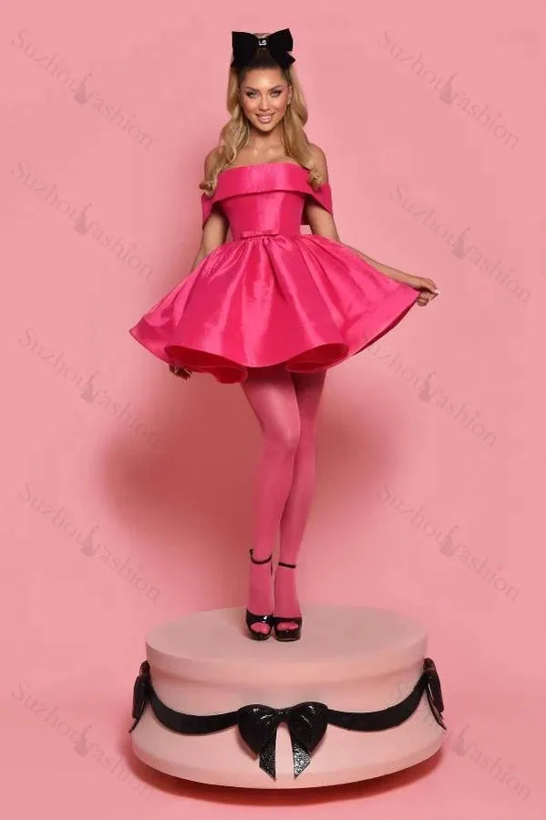 A Line Fuchsia Homecoming Dress Off the Shoulder Short Cocktail Dresses