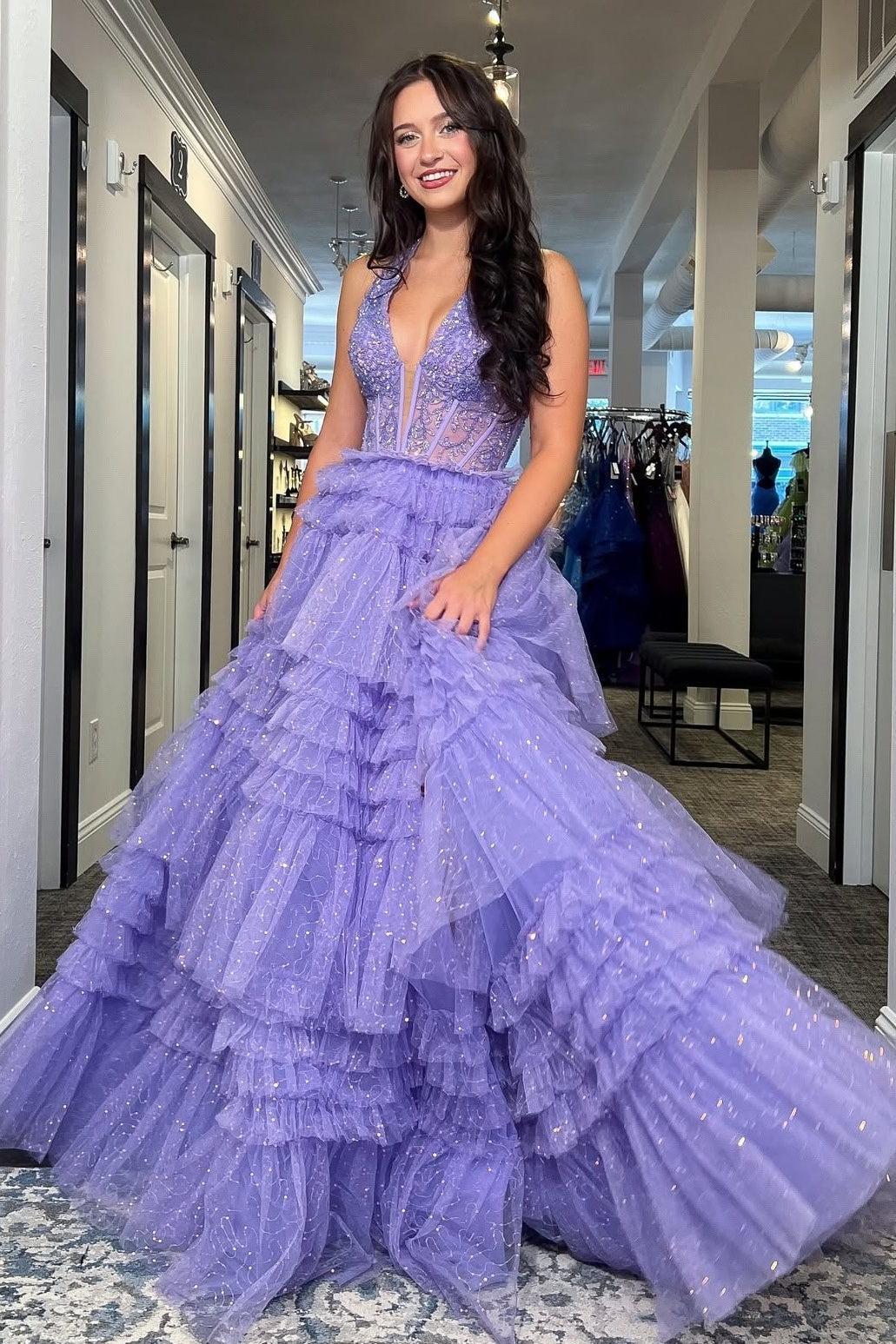 A Line Halter Neck Lilac Tulle Long Prom Dress With Ruffles Formal Evening Gown