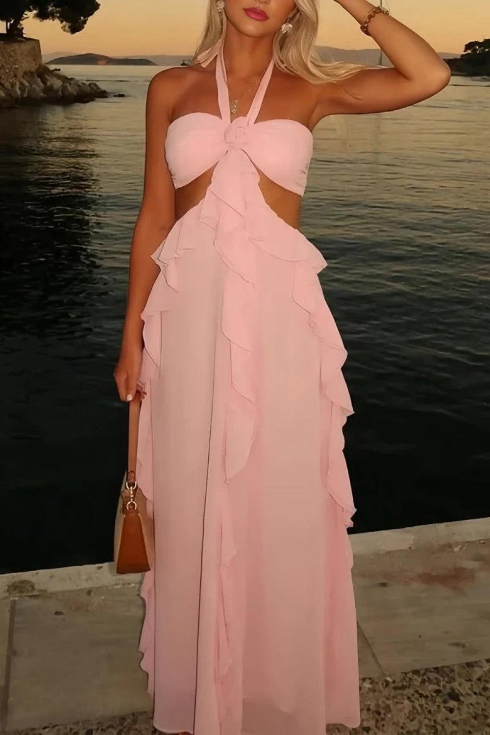 A Line Halter Neck Pink Long Prom Dress With Keyhole Ruffles Formal Evening Gown
