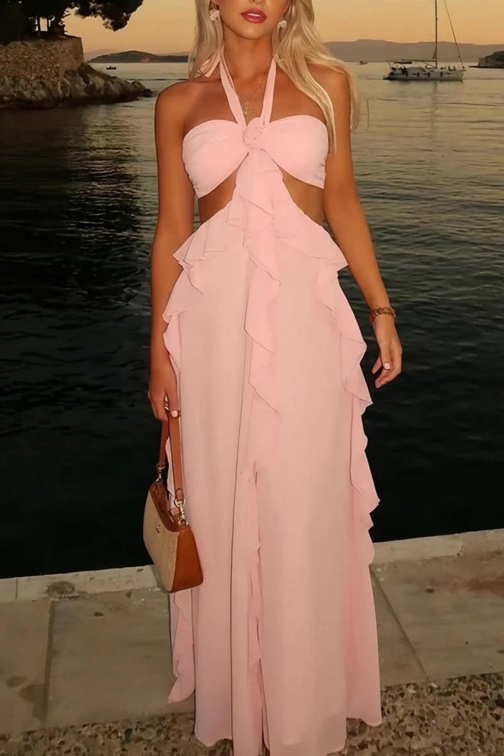 A Line Halter Neck Pink Long Prom Dress With Keyhole Ruffles Formal Evening Gown
