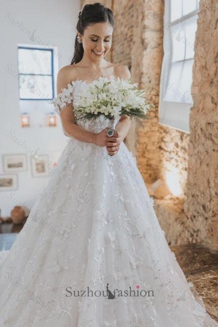 A Line Lace Off The Shoulder Sleeveless White Wedding Dress Bridal Gown With Appliques