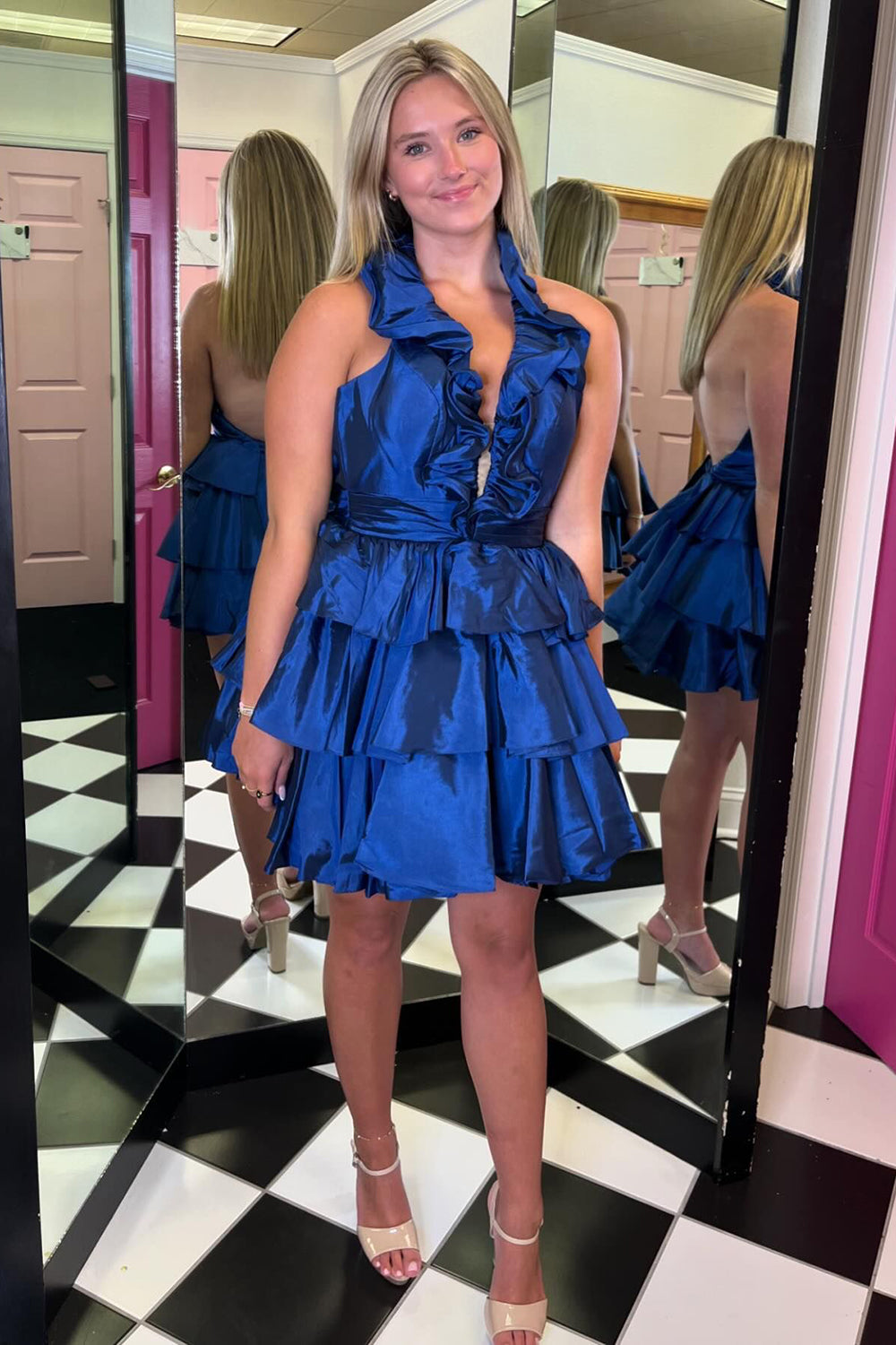 A Line Light Blue Homecoming Dresses Halter Short Cocktail Dresses With Ruffles