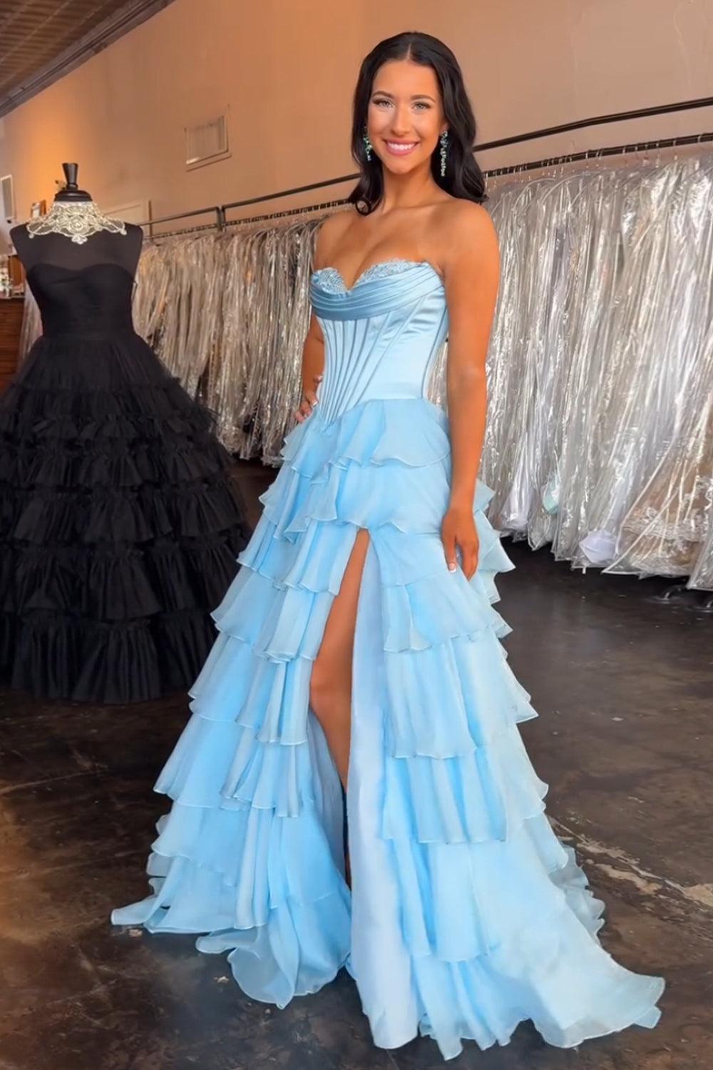 A Line Light Pink Prom Dress Sweetheart Ruffled Long Formal Dress With Slit