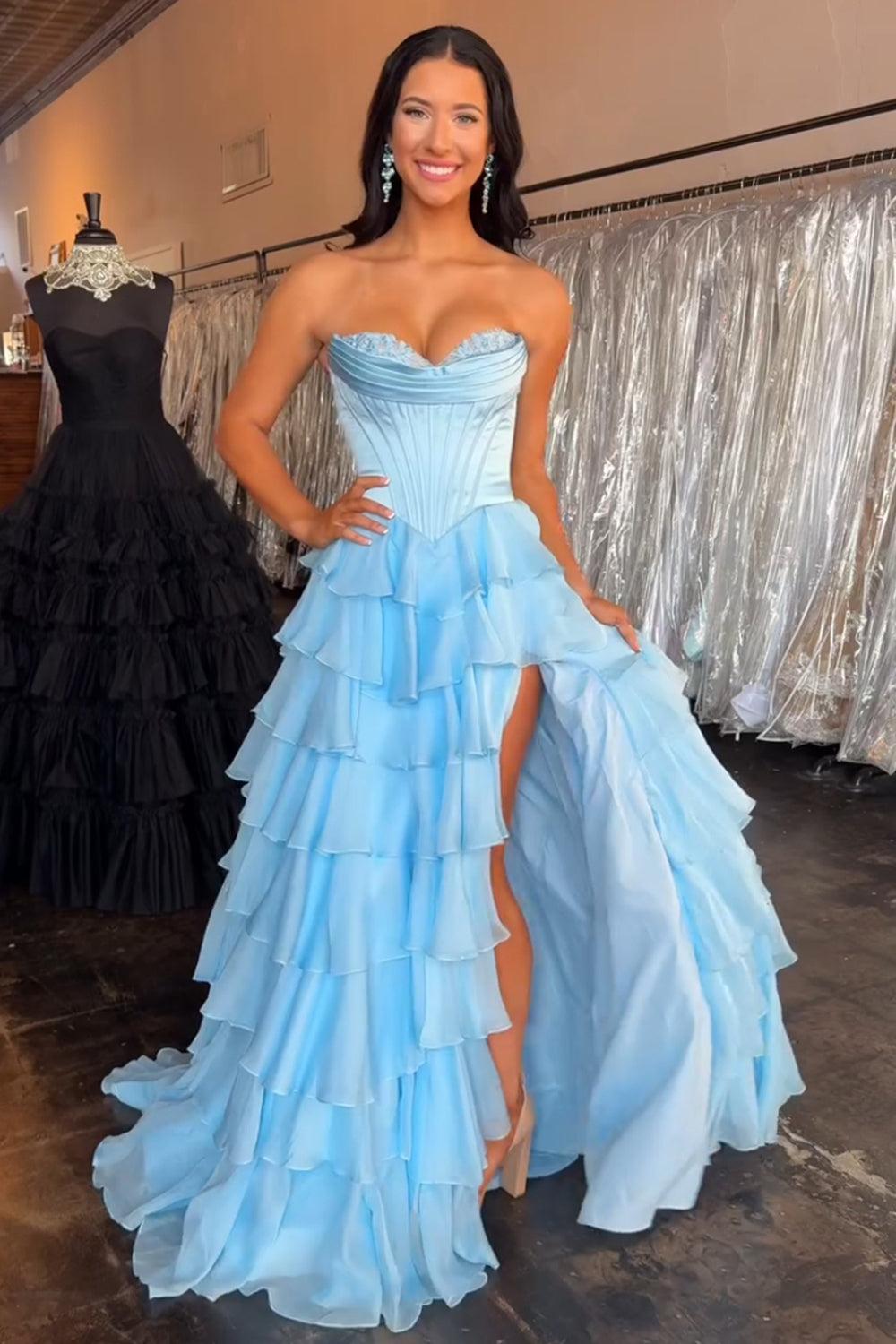 A Line Light Pink Prom Dress Sweetheart Ruffled Long Formal Dress With Slit