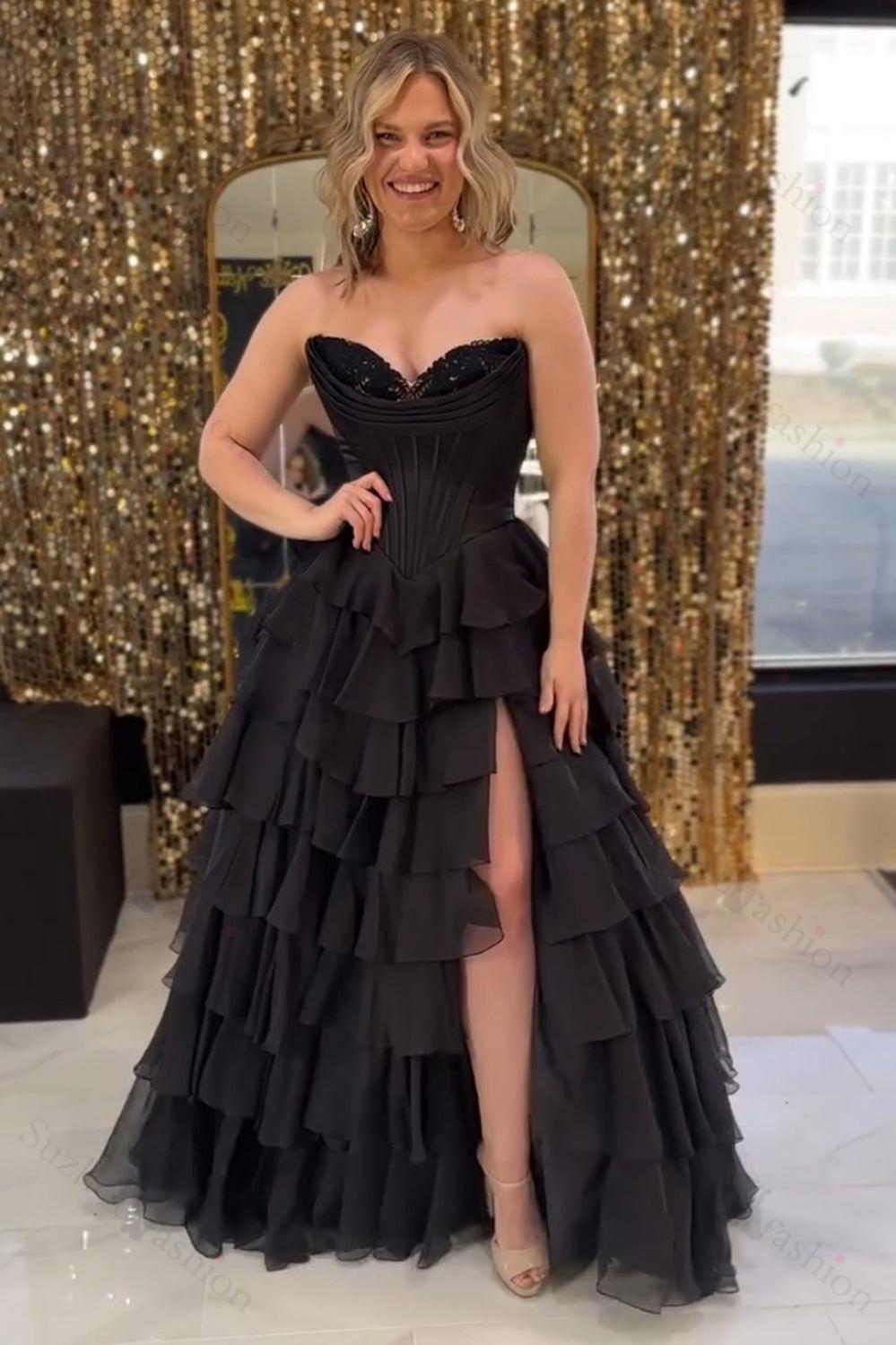 A Line Light Pink Prom Dress Sweetheart Ruffled Long Formal Dress With Slit