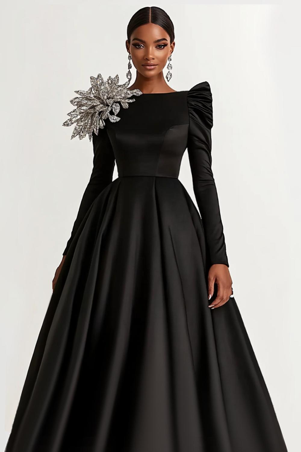 A-Line Long Black Wedding Guest Dress Satin Boat Neck Formal Dress With Long Sleeves