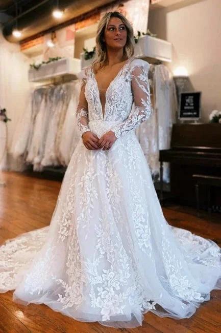 A-Line Long Sleeve Floor-Length Fabulous V-Neck Tulle Wedding Dresses with Appliques (ZD15753)