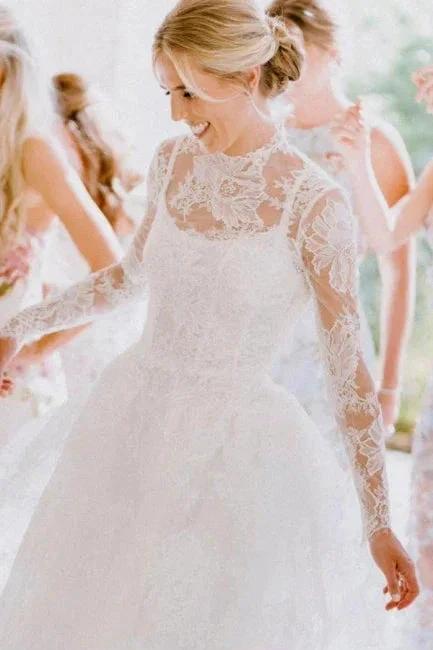 A-Line Long Sleeve Square Neck Floor-Length Tulle Open Back Wedding Dresses with Lace (ZD15740) - VelvetHem