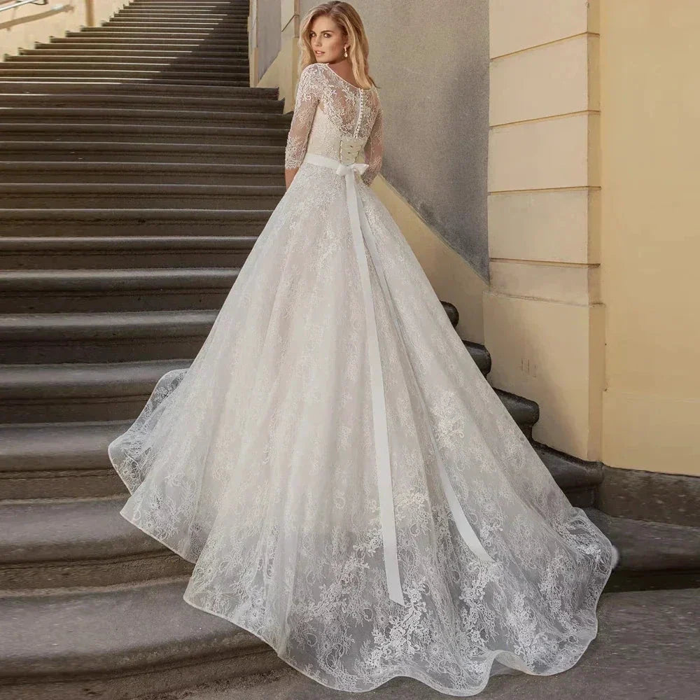 A-Line Luxury Wedding Gowns Lace Applique 3/4 Sleeve Wedding Party Bridal Dresses Vestidos Baratos Con Envio Gratis Robe De (ZD14165)