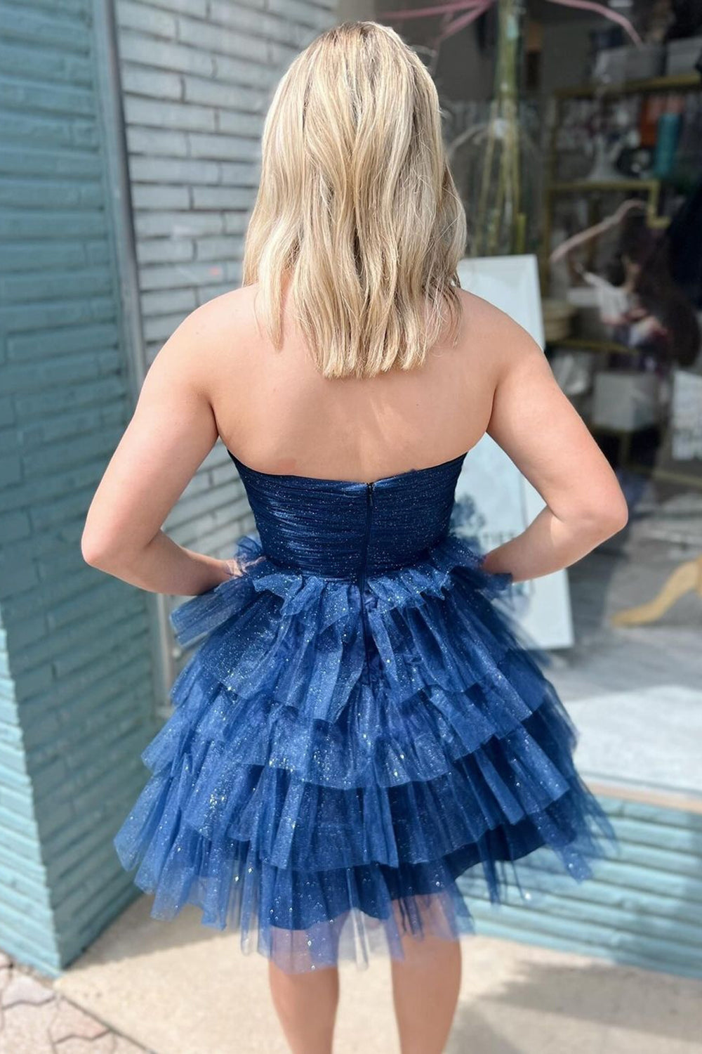 A-Line Navy Homecoming Dresses Strapless Tiered Short Cocktail Dresses