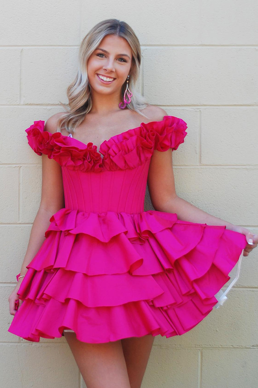 A -Line Off The Shoulder Golden Homecoming Dresses Corset Short Cocktail Dresses with Ruffles