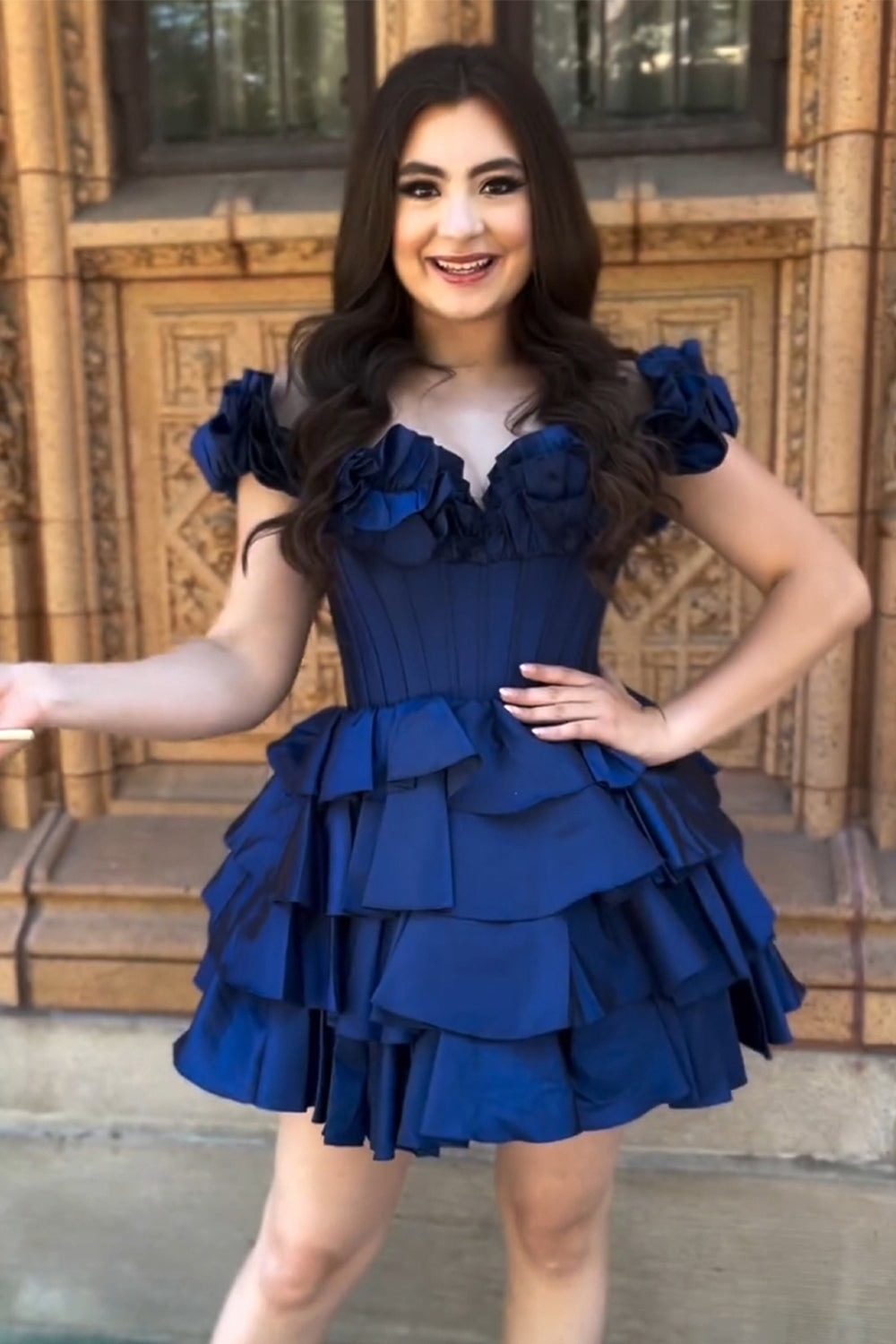 A -Line Off The Shoulder Golden Homecoming Dresses Corset Short Cocktail Dresses with Ruffles