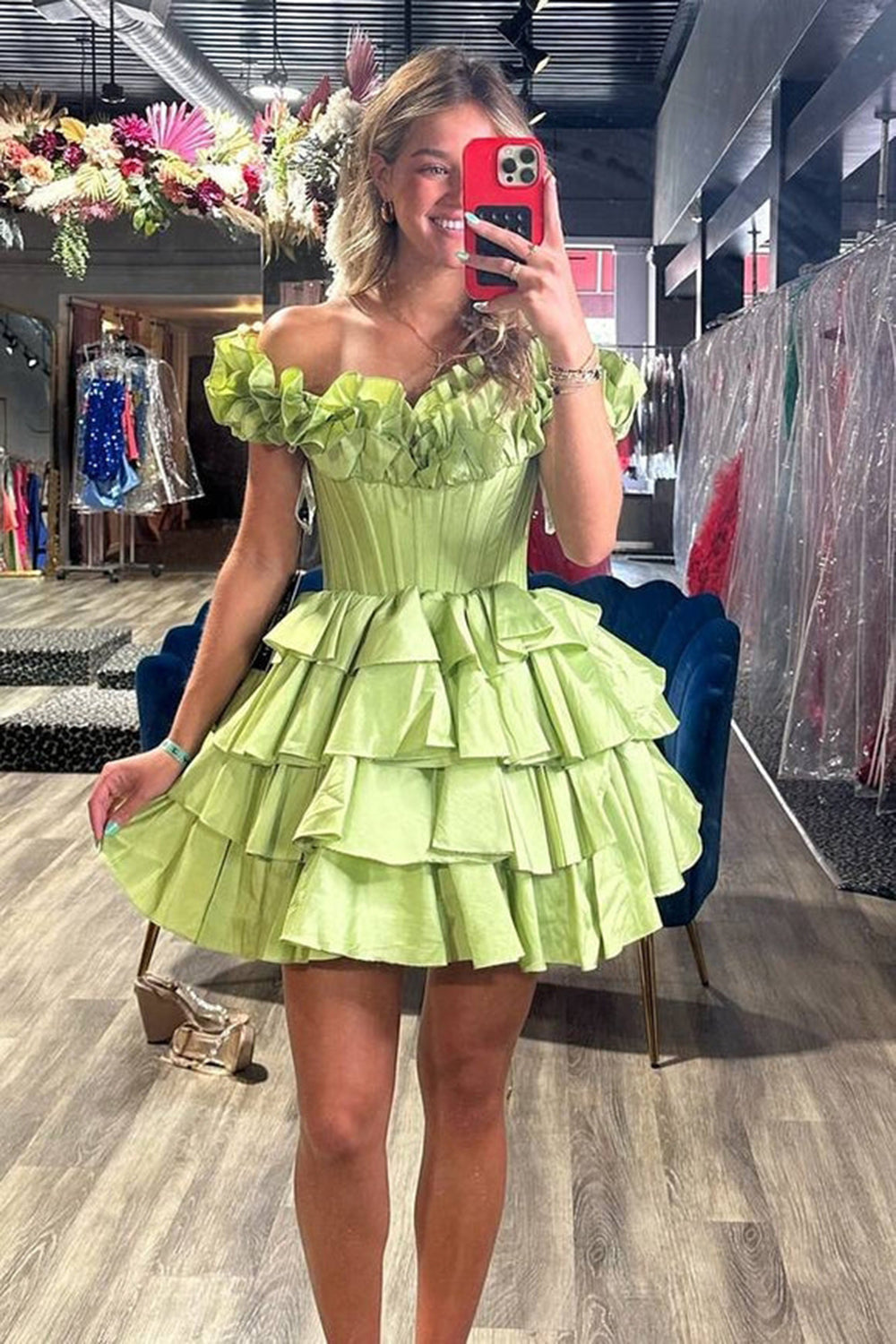 A -Line Off The Shoulder Golden Homecoming Dresses Corset Short Cocktail Dresses with Ruffles