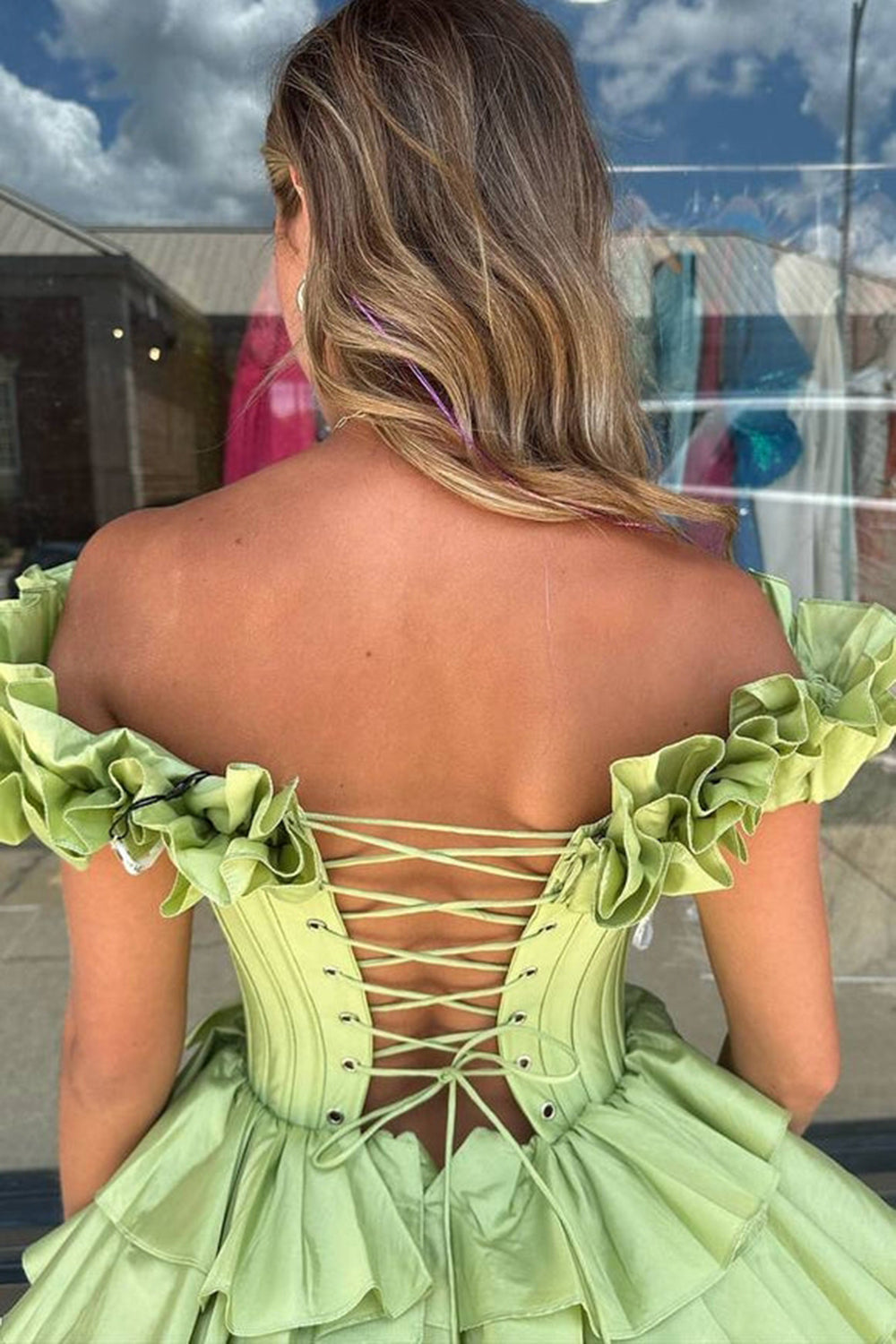 A -Line Off The Shoulder Golden Homecoming Dresses Corset Short Cocktail Dresses with Ruffles