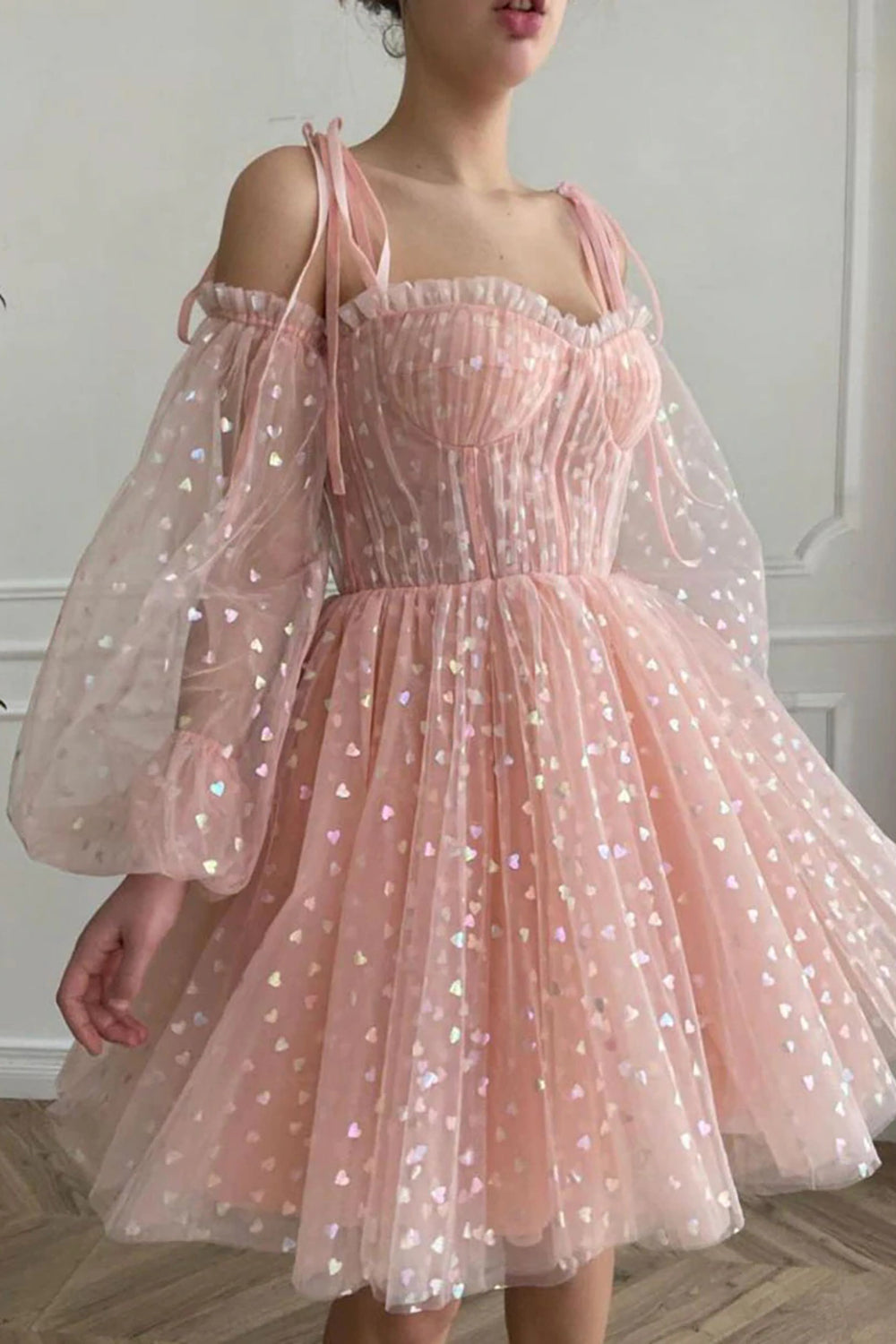 A Line Off the Shoulder Blush Homecoming Dresses Short Cocktail Dresses with Long Sleeves