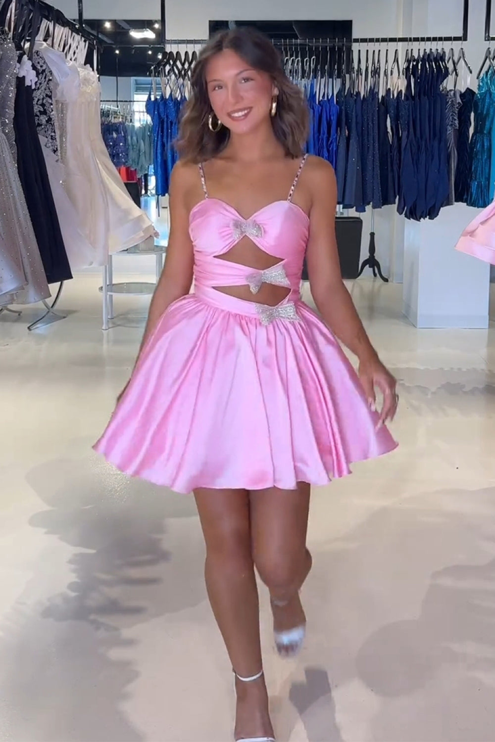 A Line Pink Homecoming Dresses Spaghetti Straps Tiered Short Cocktail Dresses with Bow