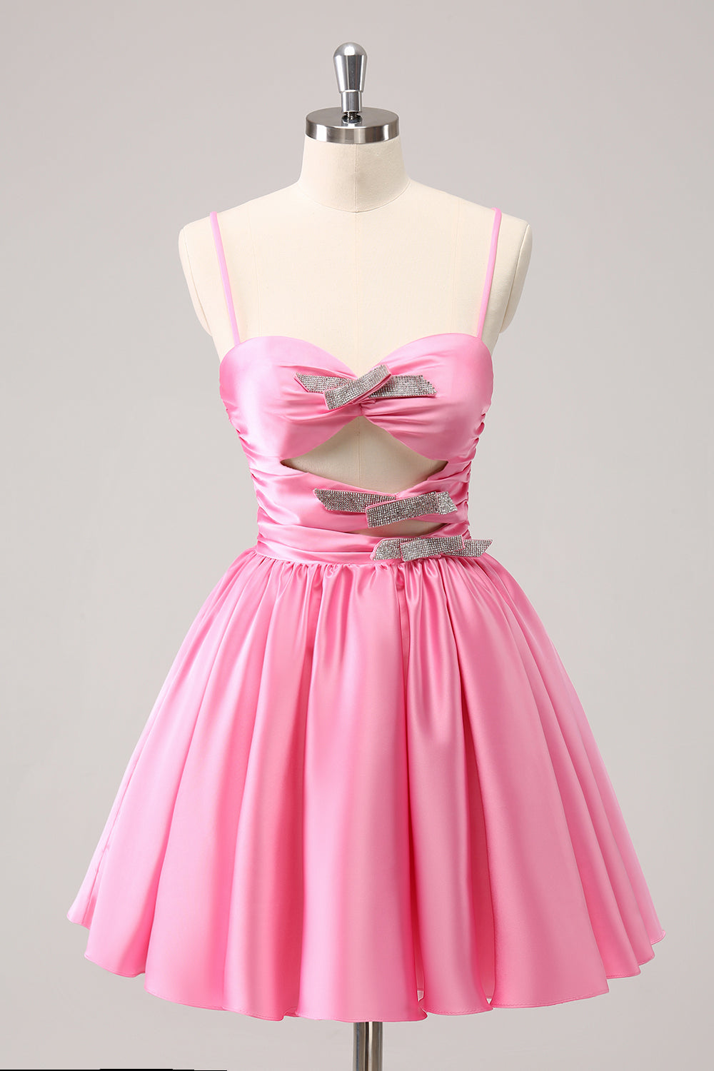 A Line Pink Homecoming Dresses Spaghetti Straps Tiered Short Cocktail Dresses with Bow